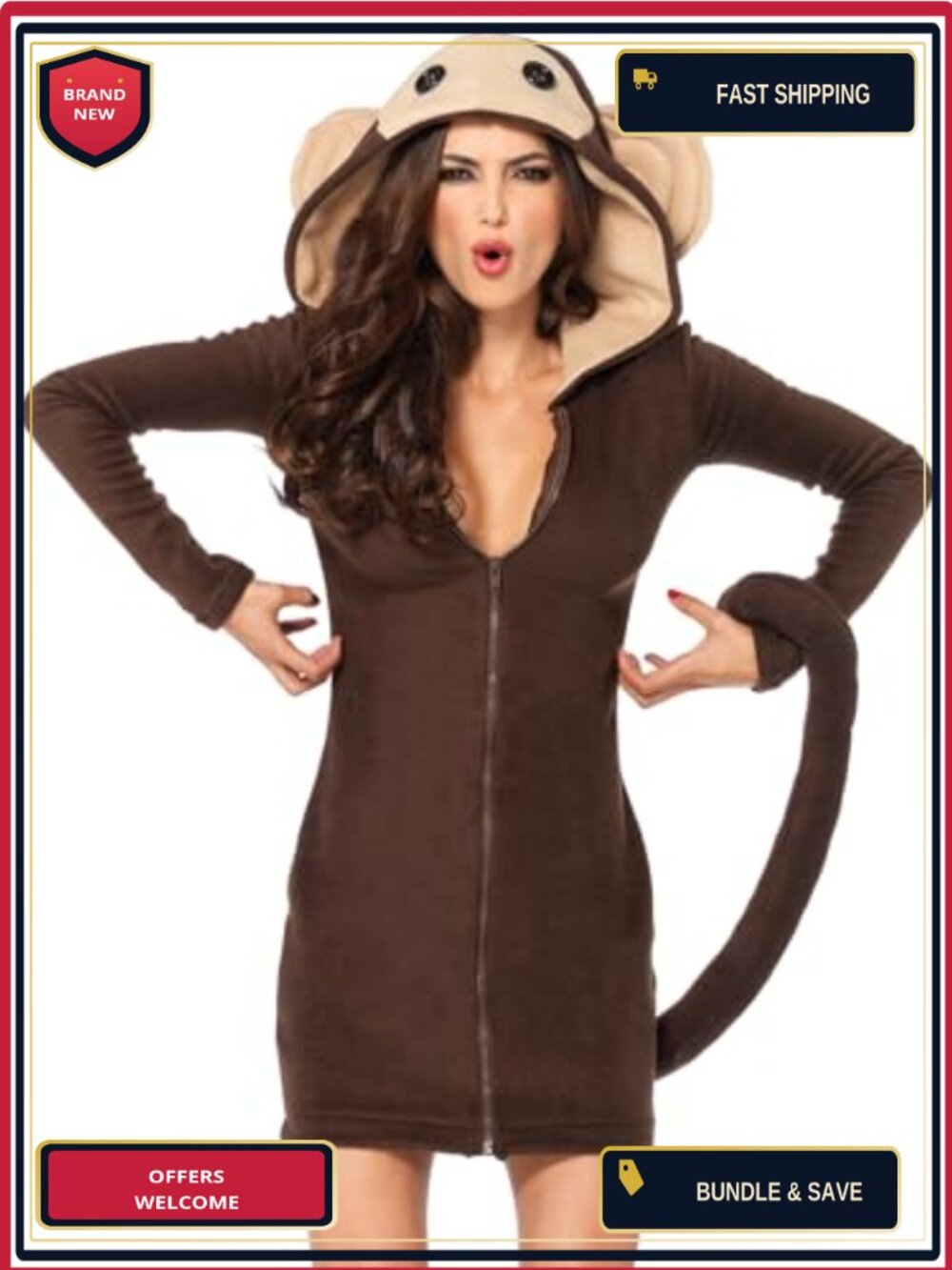 Leg Avenue Cozy Monkey Fleece Costume Dress Zip Front Hood Tail